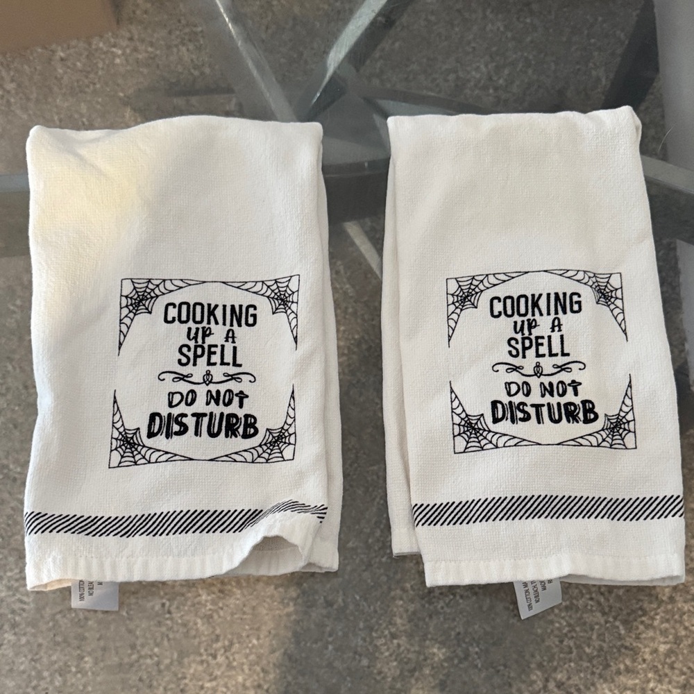 White Kitchen Towels with Black Print- Halloween Towels